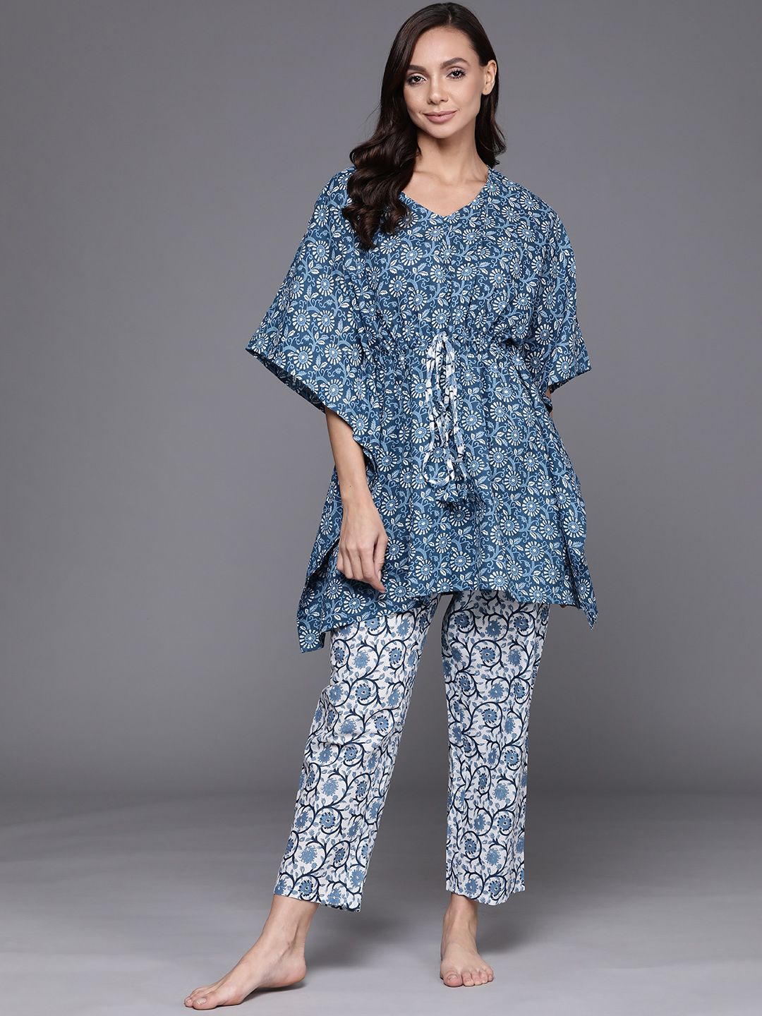 Libas Women Blue & White Ethnic Motifs Printed Cotton Night Suit Price in India