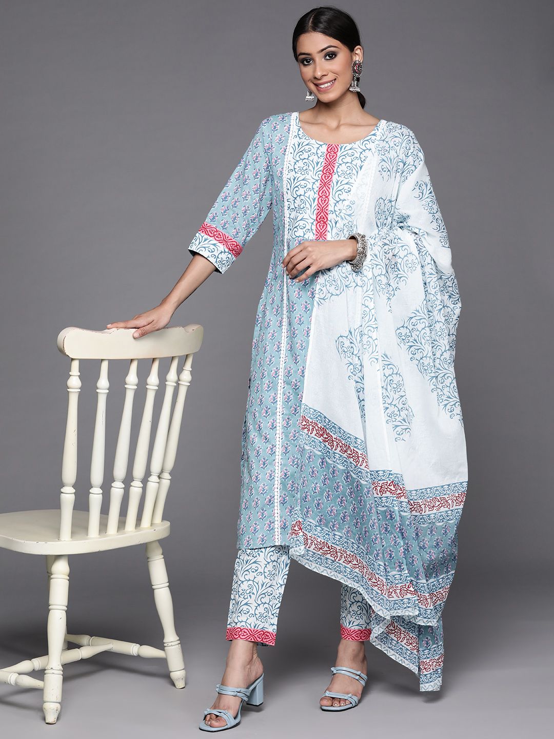 Libas Women Blue Floral Printed Pure Cotton Kurta with Trousers & With Dupatta Price in India