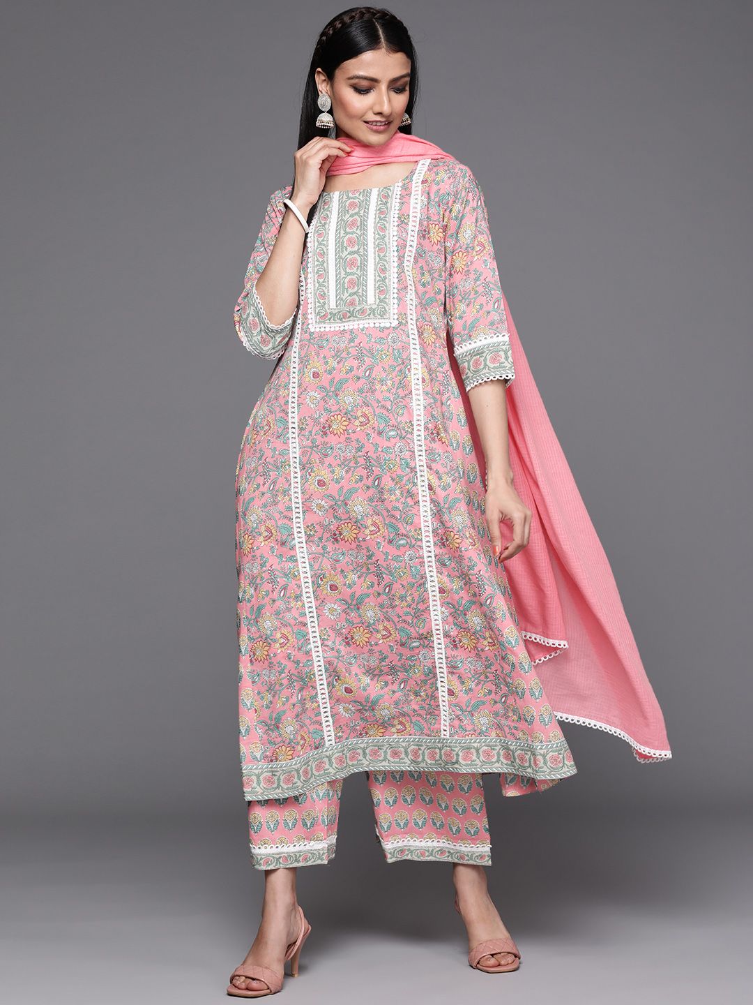 Libas Women Pink & Green Floral Printed Cotton A-Line Kurta Palazzos Dupatta Price in India