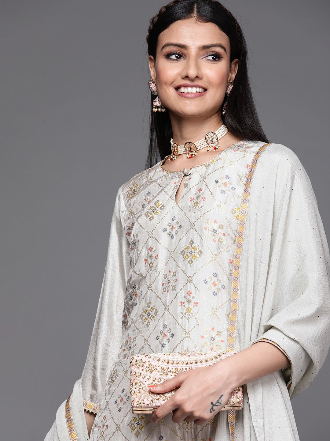 Libas Women Grey & Gold Ethnic Motifs Straight Kurta with Trousers & With Dupatta Price in India