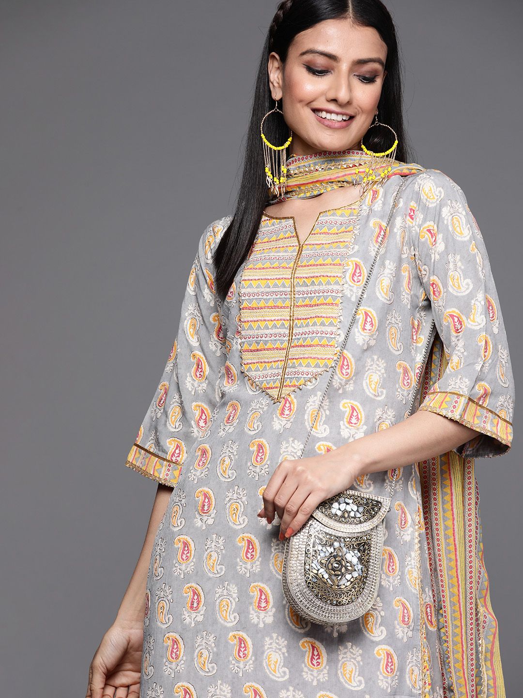 Libas Women Grey & Mustard Yellow Paisley Printed Straight Kurta with Trousers Dupatta Price in India