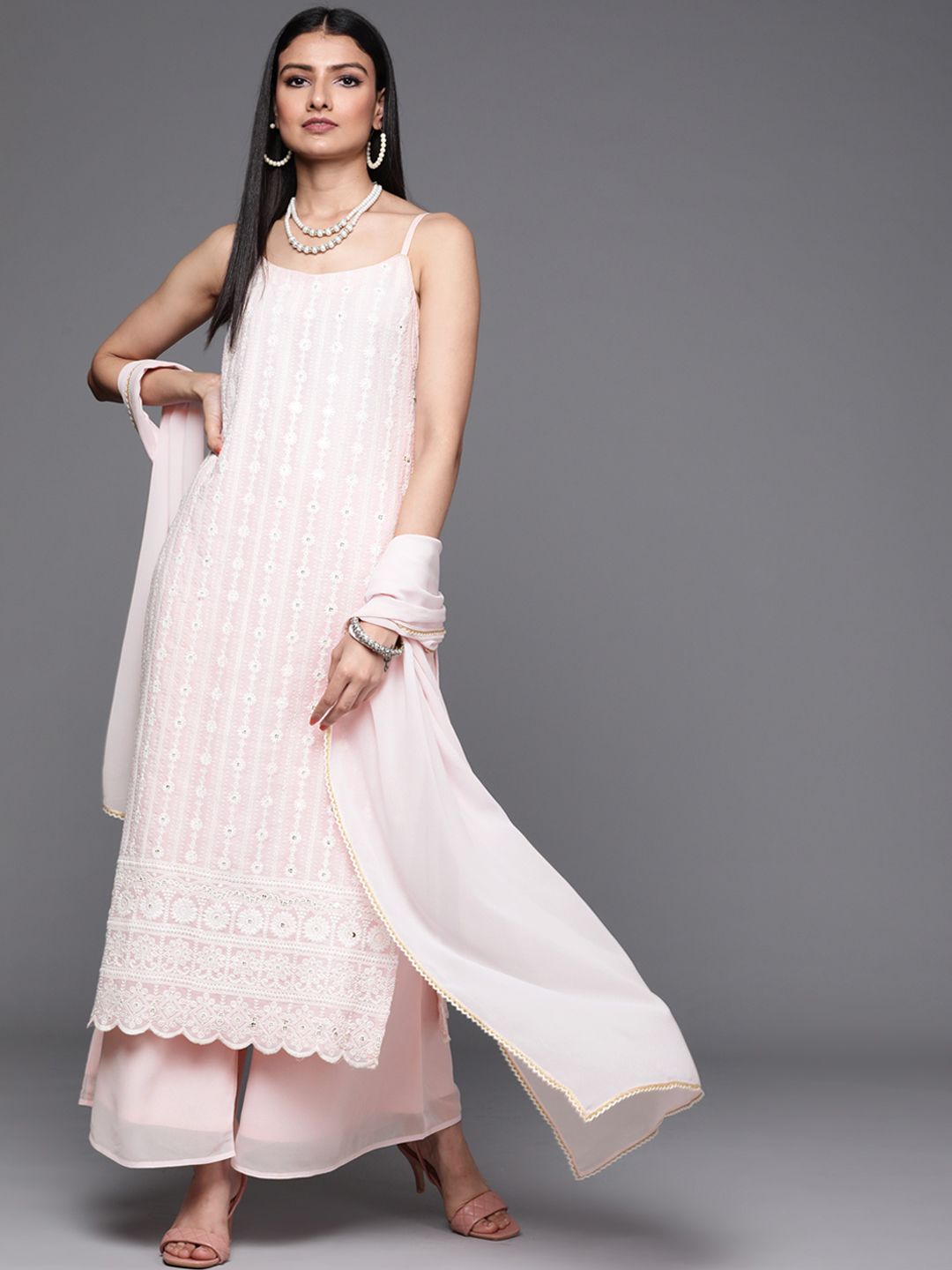 Libas Women Pink & White Floral Embroidered Straight Kurta with Palazzos & With Dupatta Price in India