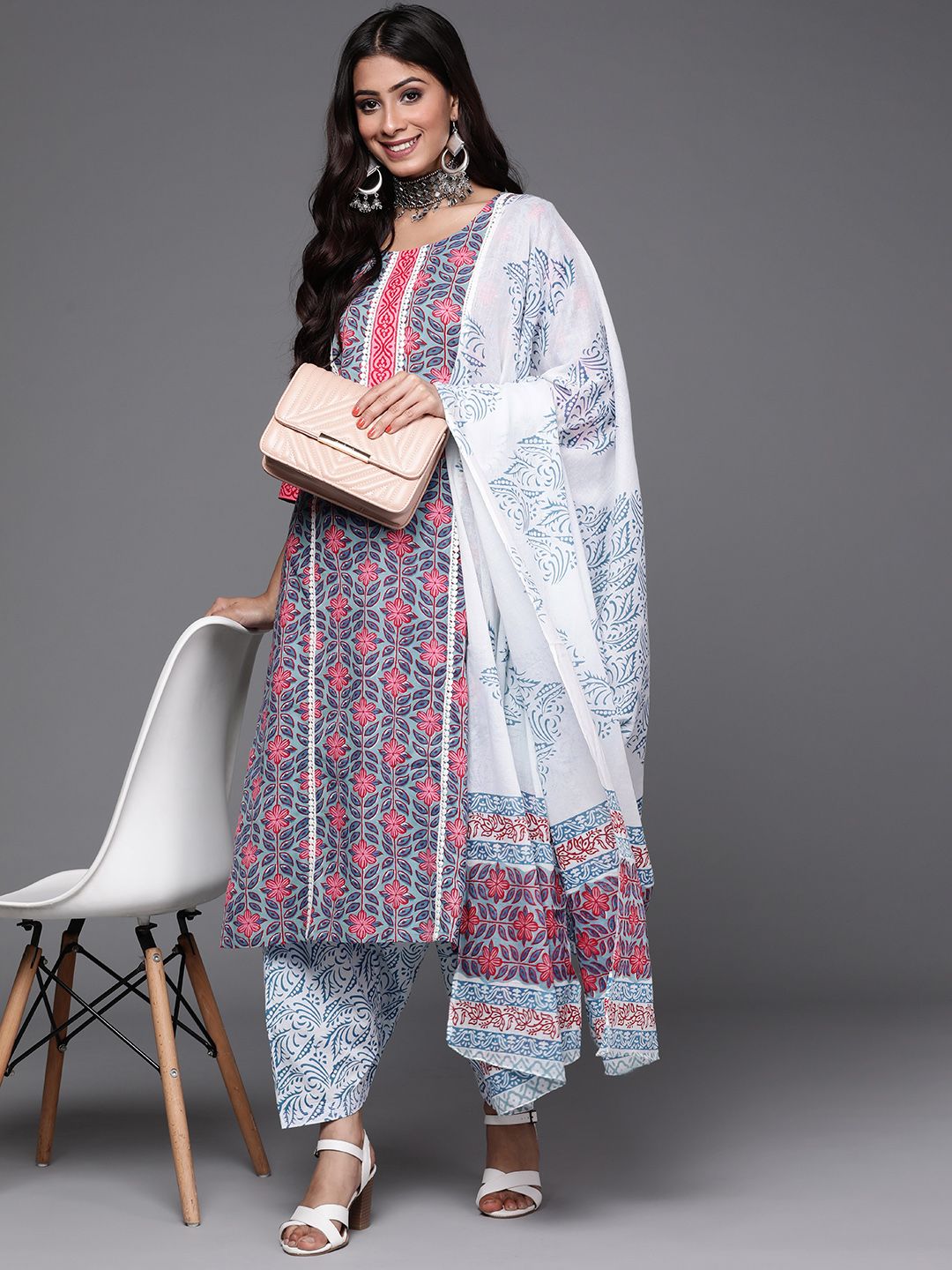 Libas Women Blue & Pink Floral Printed Cotton Straight Kurta with Salwar & With Dupatta Price in India