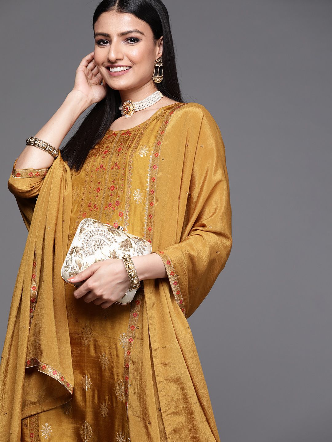Libas Women Mustard Yellow & Gold Zari Woven Design Straight Kurta Trousers & With Dupatta Price in India