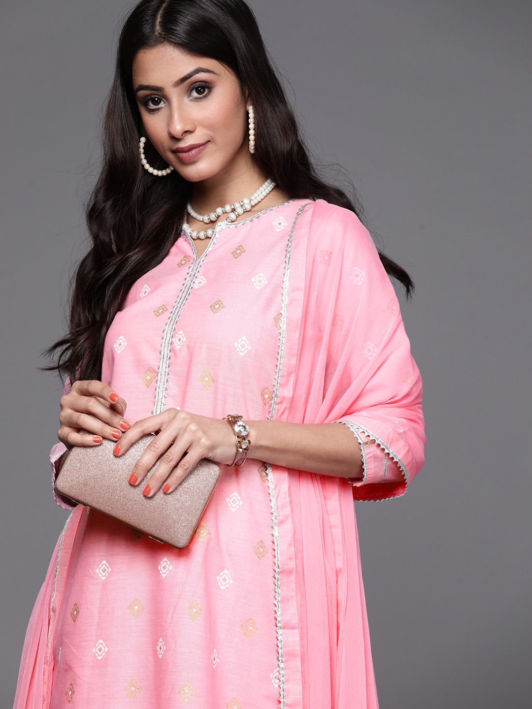 Libas Women Pink & White Floral Printed Cotton Straight Kurta Palazzos & Dupatta Price in India