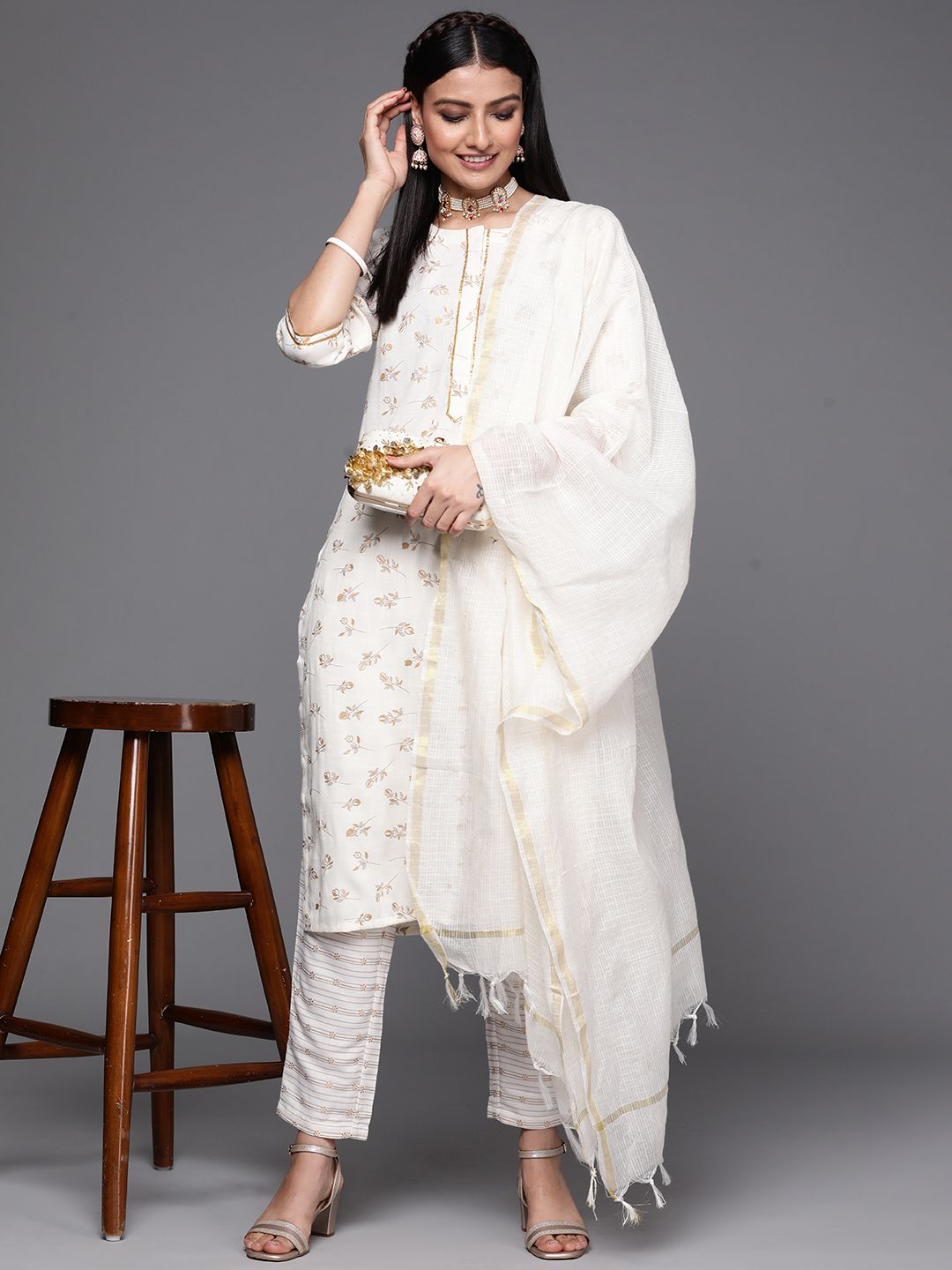 Libas Women Off White & Gold Floral Printed Cotton Straight Kurta with Trousers Dupatta Price in India