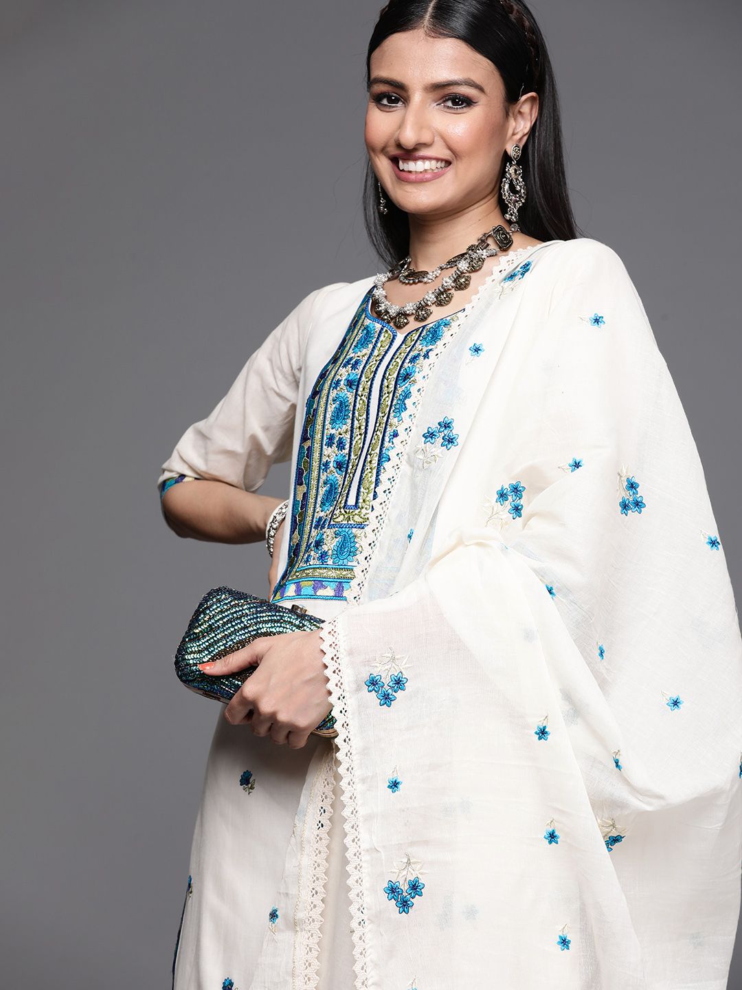 Libas Women Off White & Blue Floral Embroidered Cotton Straight Kurta Palazzos Dupatta Price in India
