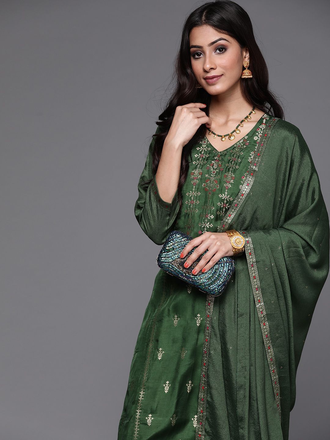 Libas Women Green & Gold Zari Woven Design Straight Kurta with Trousers & With Dupatta Price in India