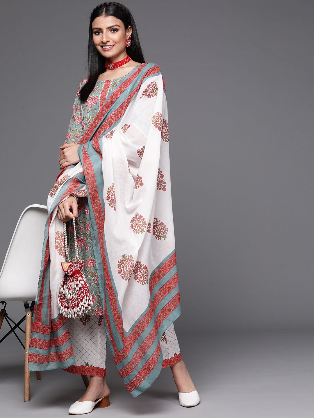 Libas Women Grey & Peach-coloured Floral Print Cotton Kurta Palazzos Dupatta Price in India