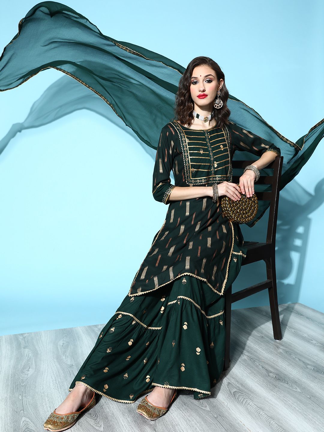 Libas Women Green & Gold-Toned Geometric Print Gotta Patti Kurta with Skirt & Dupatta Price in India