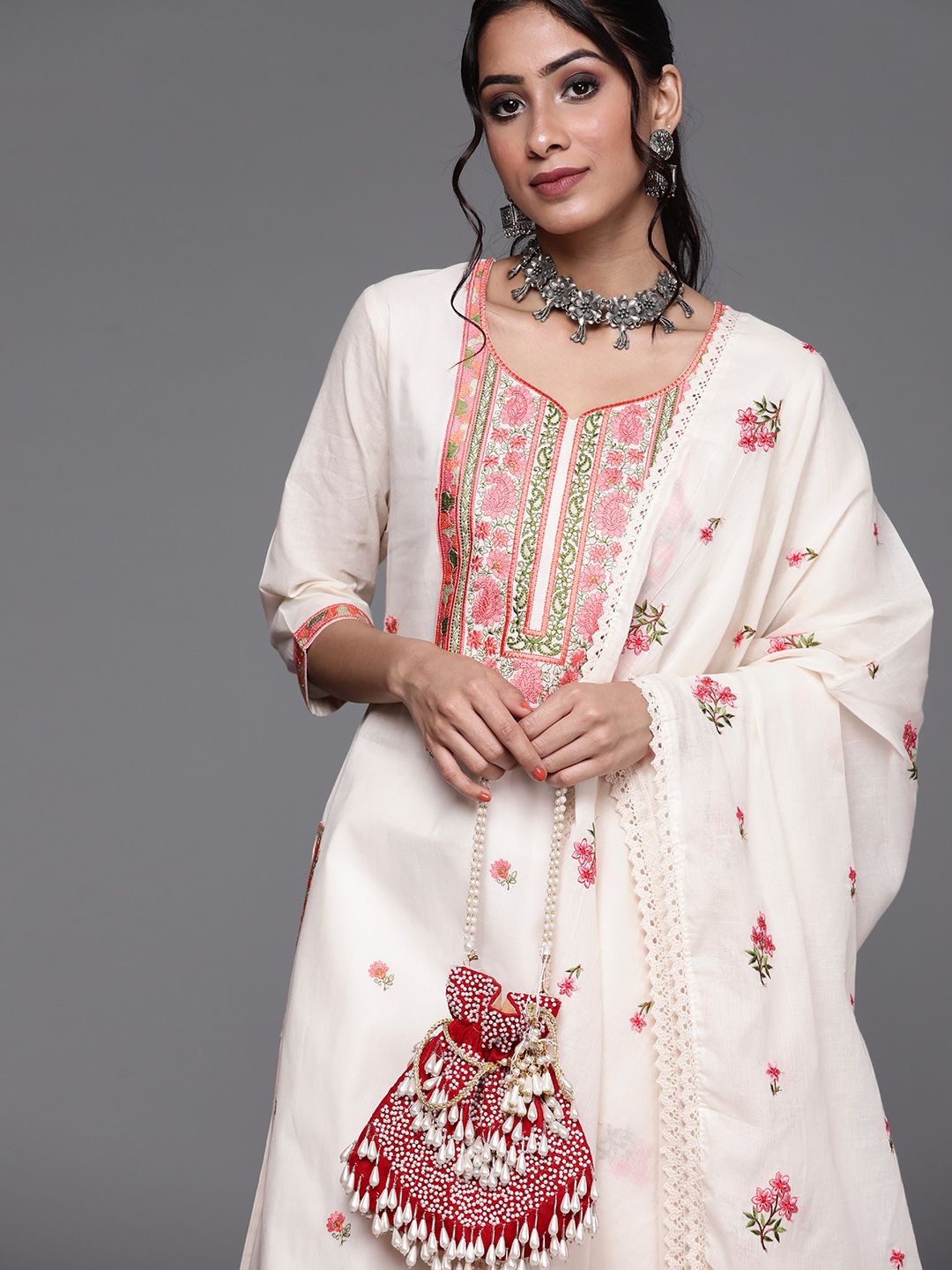 Libas Women Off White & Pink Cotton Floral Thread Work Kurta with Palazzos & Dupatta Price in India