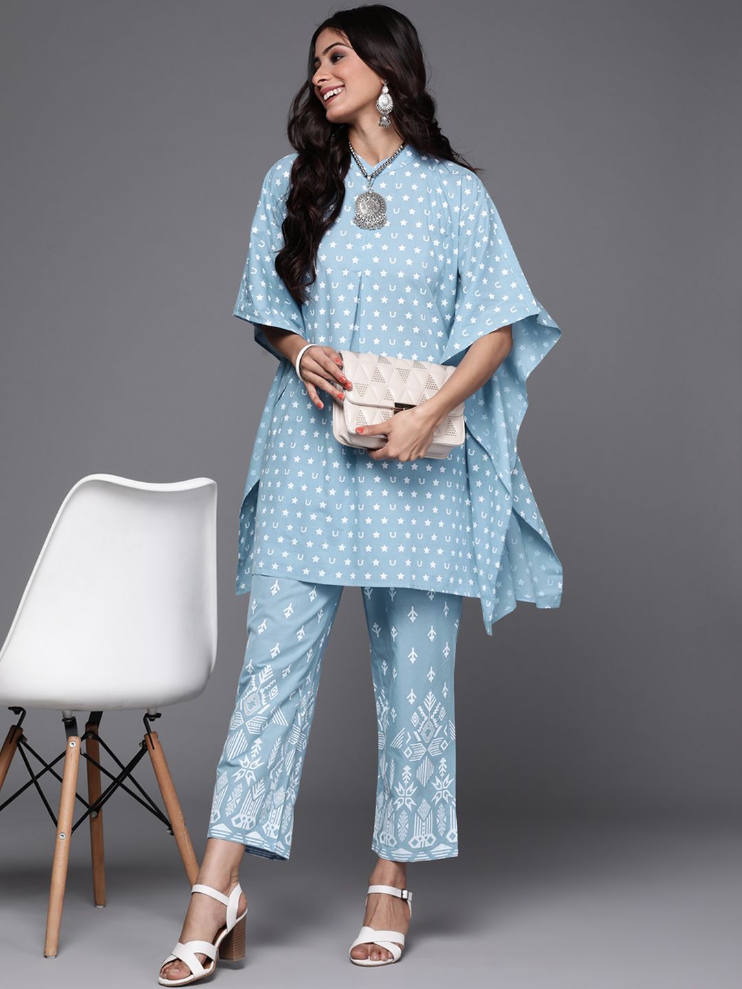 Libas Women Blue & White Geometric Printed Pleated Cotton Kaftan Kurti with Trousers