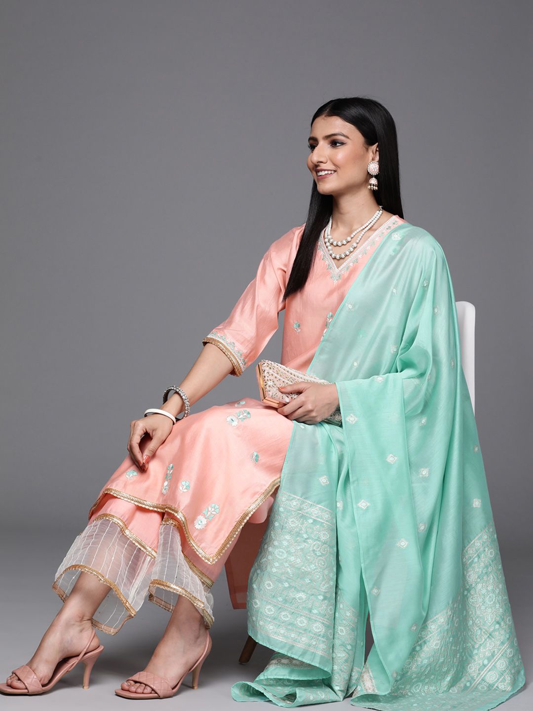 Libas Women Peach-Coloured & Sea Green Floral Embroidery Straight Kurta Palazzos Dupatta Price in India