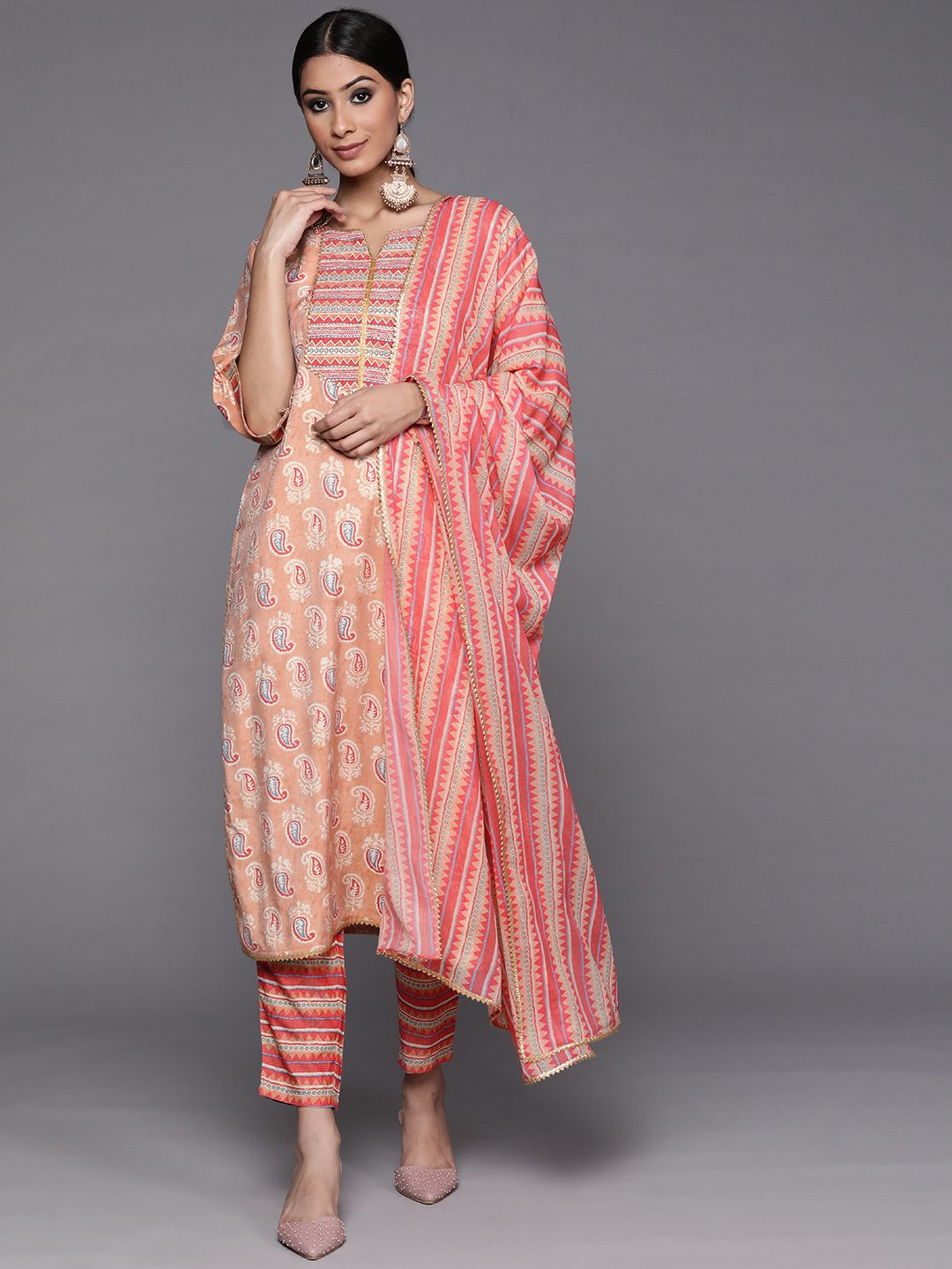 Libas Women Beige Paisley Printed Gotta Patti Kurta with Trousers & Dupatta Price in India