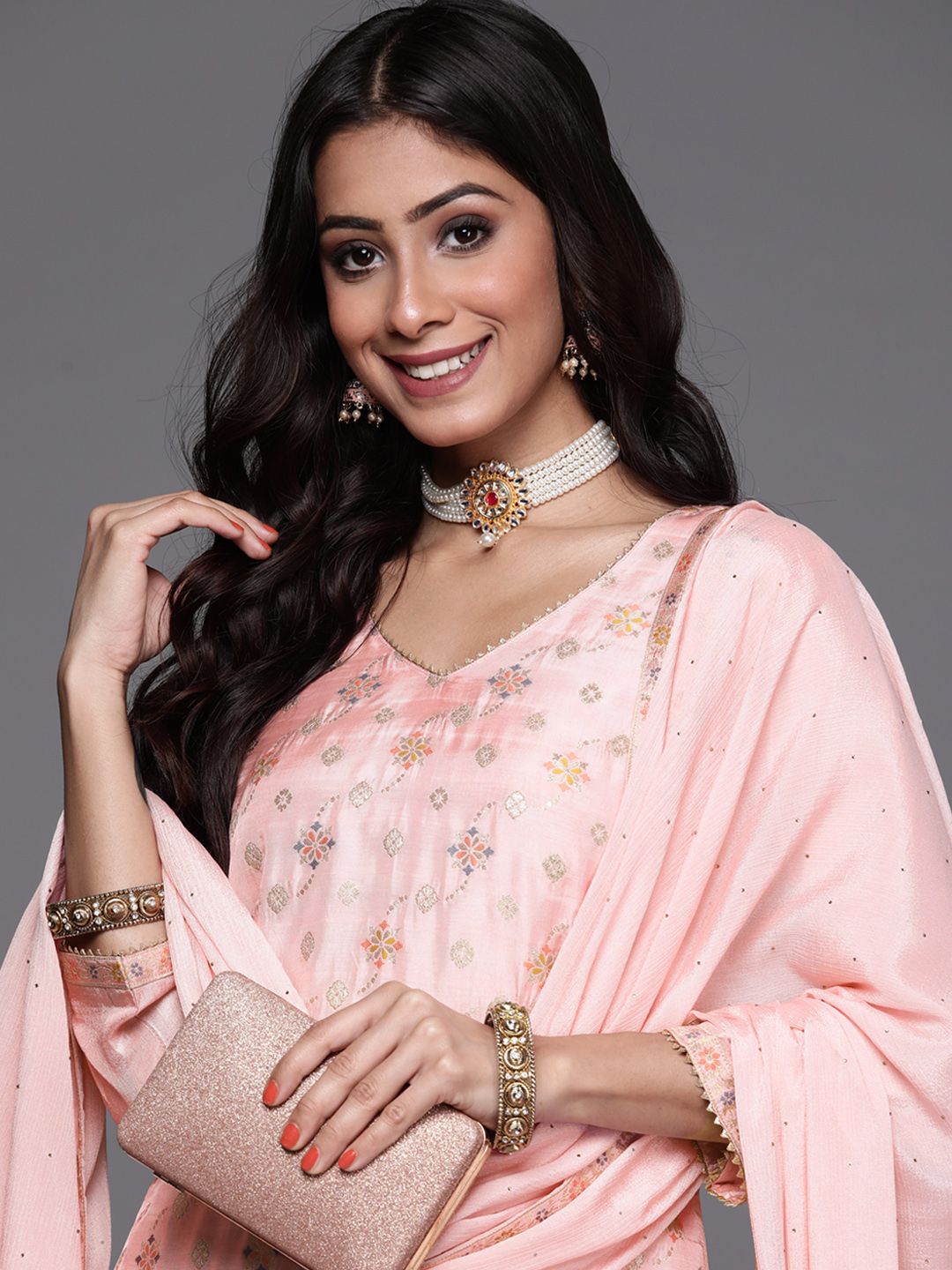 Libas Women Pink & Gold Zari Woven Design Straight Kurta with Trousers Dupatta Price in India