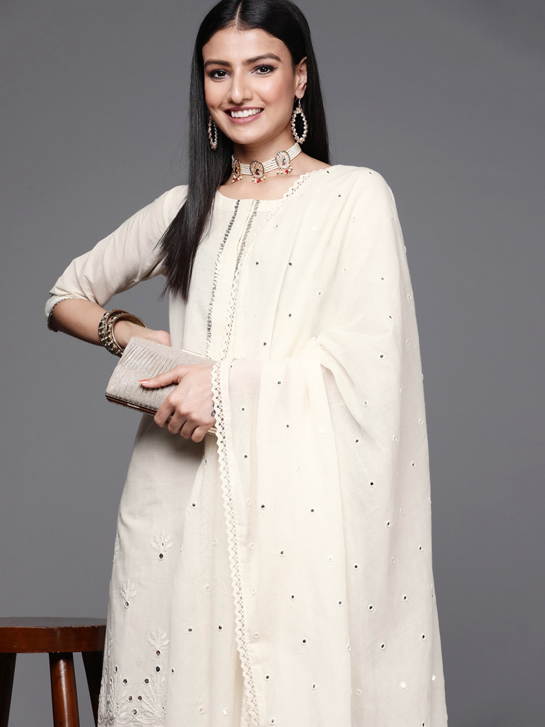 Libas Women Off White & Gold Floral Embroidery Cotton Straight Kurta Palazzos Dupatta Price in India