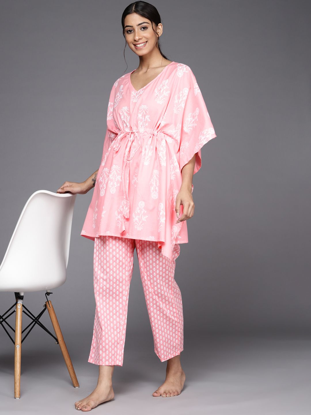 Libas Women Pink & White Floral Printed Cotton Longline Pyjama Set Price in India