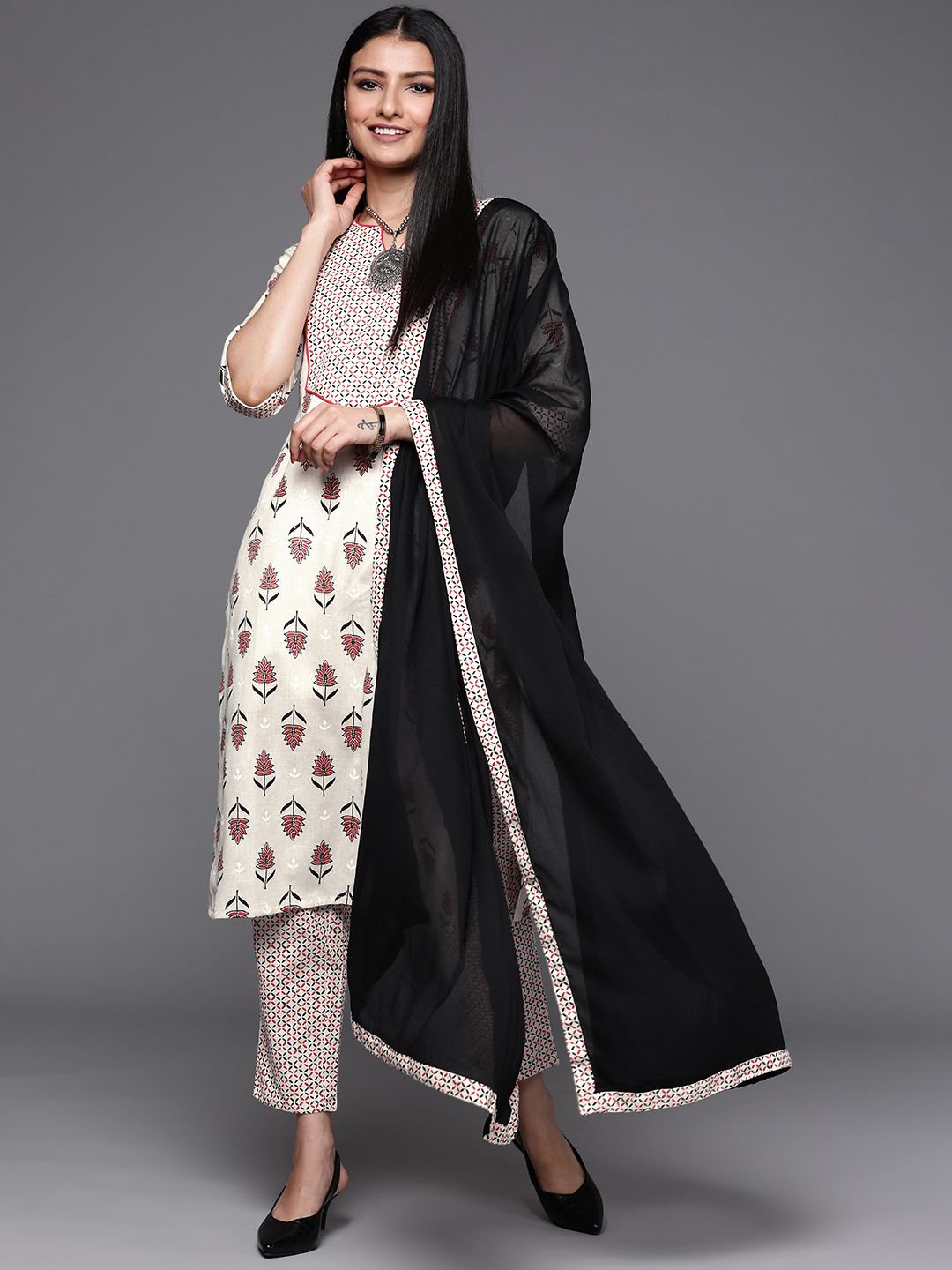 Libas Women Off White & Maroon Floral Print Cotton Straight Kurta Palazzos Dupatta Price in India