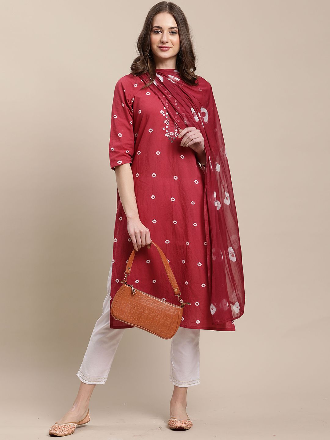 Rajnandini Women Maroon Ethnic Motifs Embroidered Mirror Work Pure Cotton Kurta with Trousers Price in India