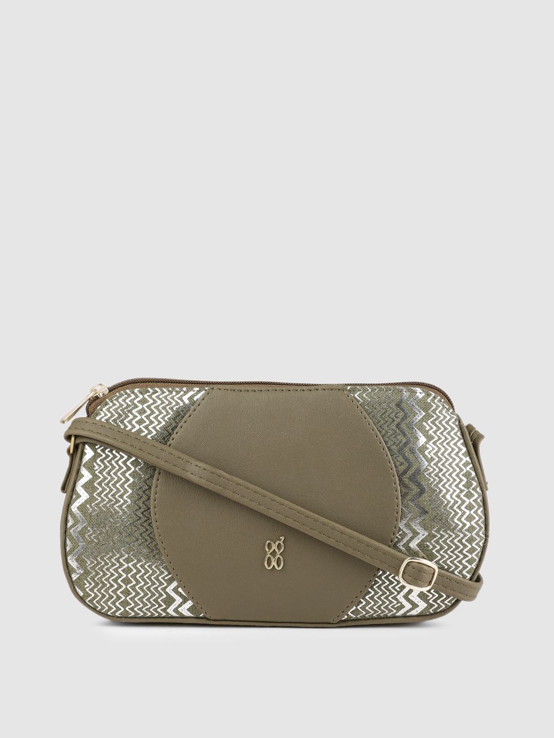 Baggit Olive Green & Silver Chevron Printed Structured Sling Bag Price in India