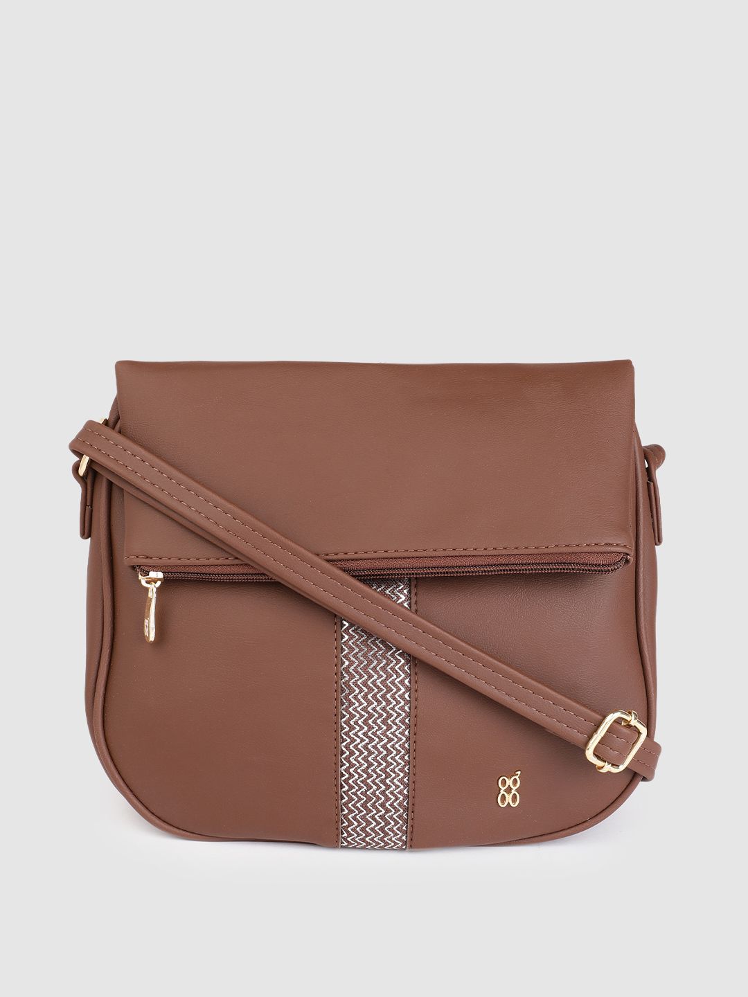 Baggit Brown Solid Regular Structured Sling Bag with Woven & Chevron Foil Print Detail Price in India