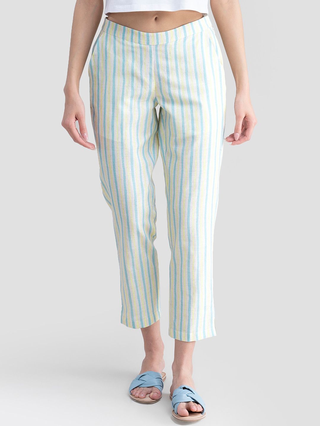Marigold by FableStreet Women Cream Striped Comfort Tapered Fit Cotton Trousers Price in India