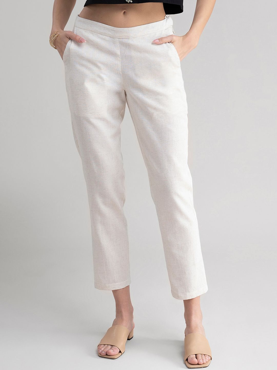 Marigold by FableStreet Women Cream-Coloured Comfort Tapered Fit Easy Wash Trousers Price in India