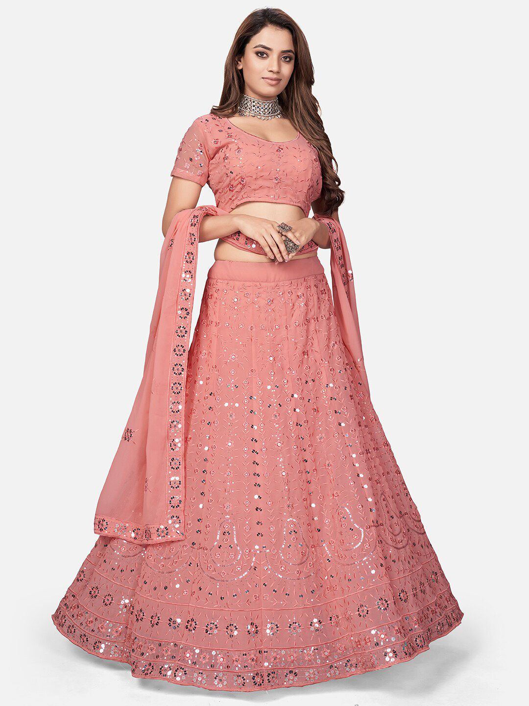 WHITE FIRE Women Pink Embroidered Beads and Stones Semi-Stitched Lehenga Choli & Dupatta Price in India