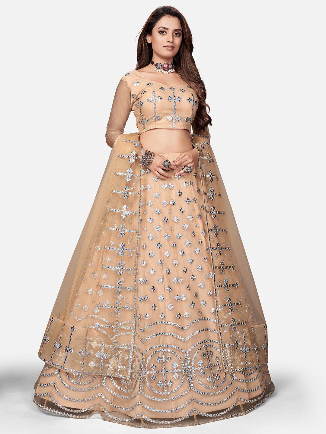 WHITE FIRE Beige & White Embellished Thread Work Semi-Stitched Lehenga & Unstitched Blouse With Dupatta Price in India