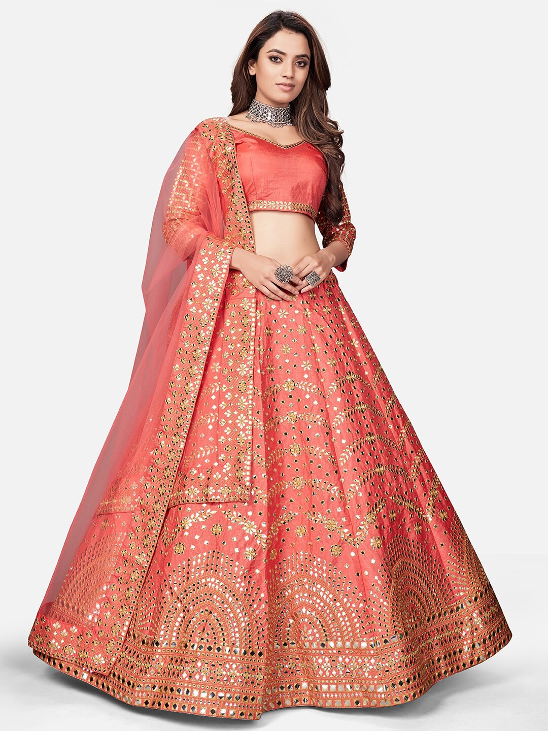 WHITE FIRE Peach & Gold Embellished Mirror Work Semi-Stitched Lehenga & Unstitched Blouse Price in India