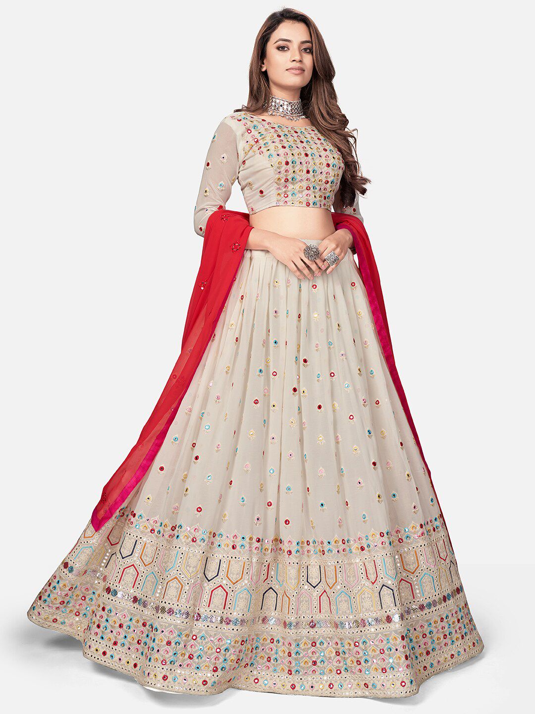 WHITE FIRE White & Red Embellished Semi-Stitched Lehenga & Unstitched Blouse With Dupatta Price in India