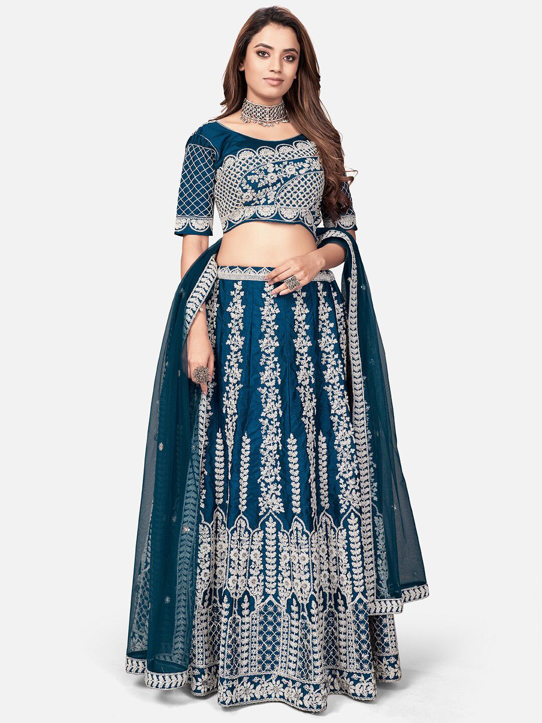 WHITE FIRE Women Blue & White Embellished Semi-Stitched Lehenga & Blouse With Dupatta Price in India