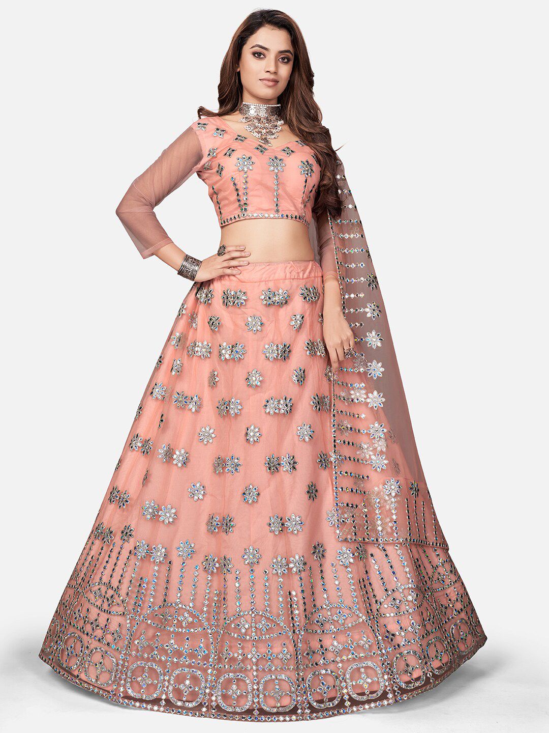 WHITE FIRE Peach-Coloured & Silver Embellished Semi-Stitched Lehenga & Unstitched Blouse Price in India