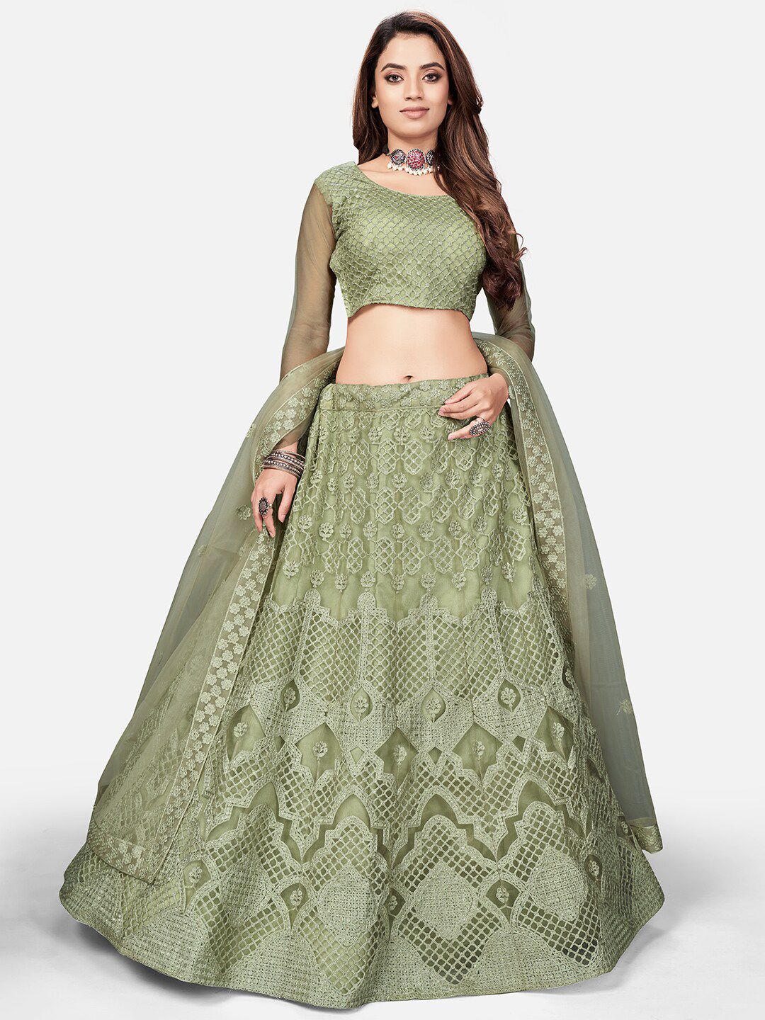 WHITE FIRE Green Embroidered Semi-Stitched Lehenga & Unstitched Blouse With Dupatta Price in India