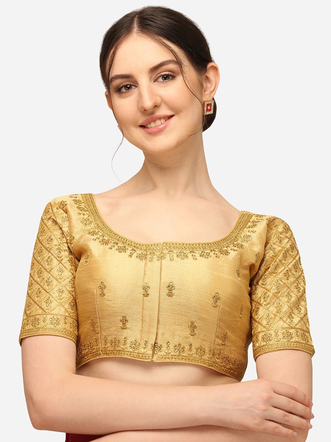 Mesmore Beige & Gold-Coloured Embroidered Silk Saree Blouse Price in India