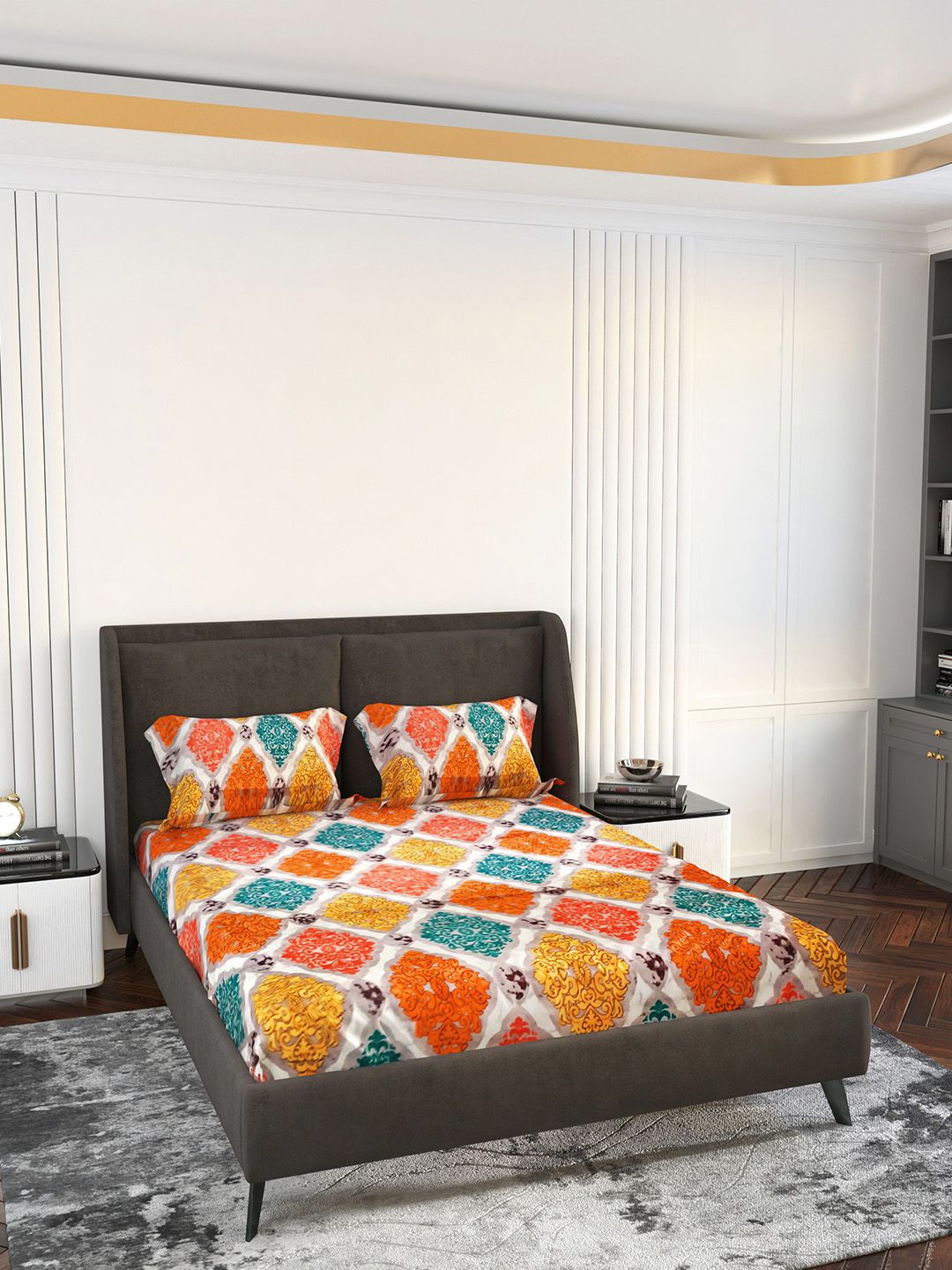 LABHAM Orange & White Ethnic Motifs 140 TC King Bedsheet with 2 Pillow Covers Price in India