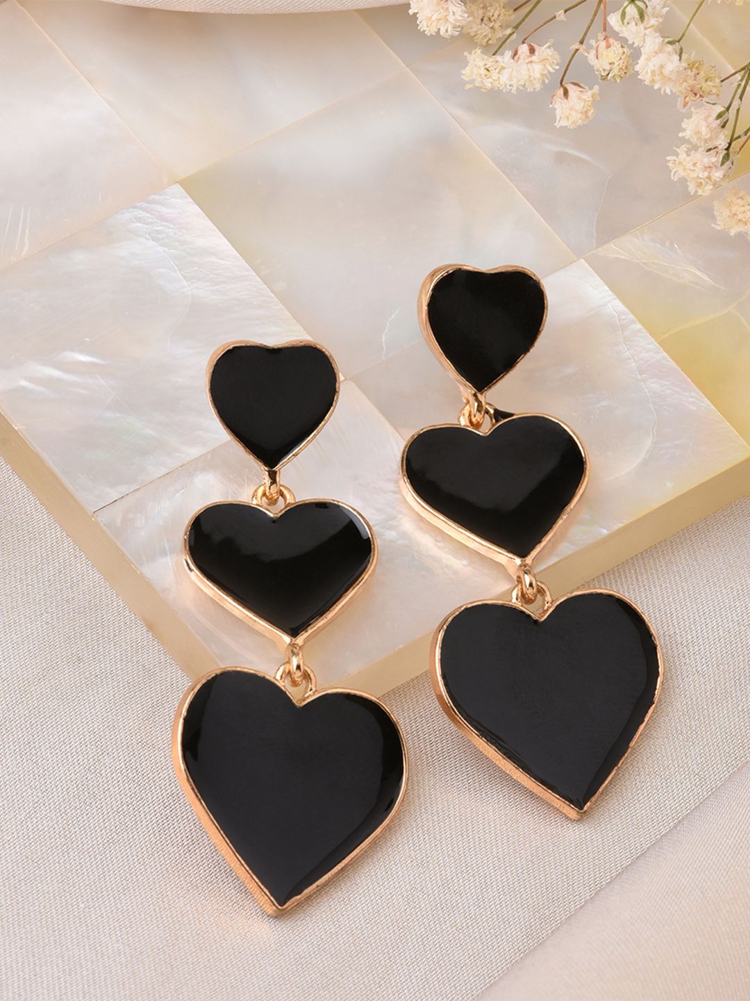 Lilly & sparkle Gold-Plated Black Enamelled Heart Shaped Drop Earrings Price in India