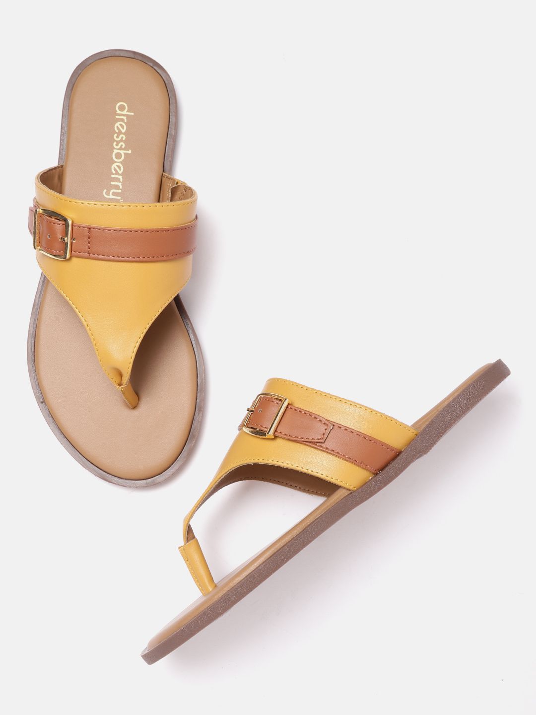 DressBerry Women Mustard Yellow & Tan Brown Striped T-Strap Flats with Buckles Price in India