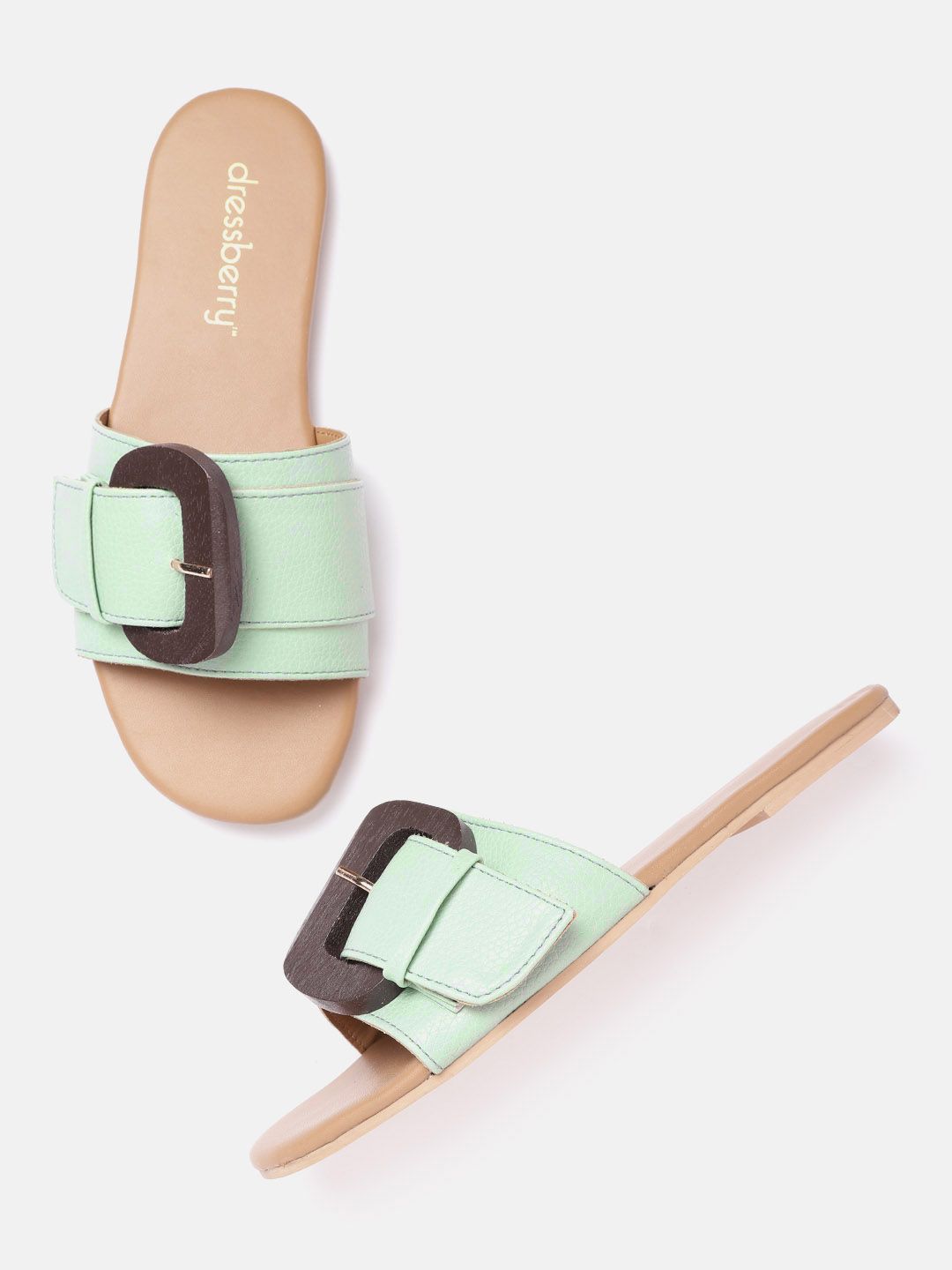 DressBerry Women Mint Green Solid Open Toe Flats with Buckles Price in India