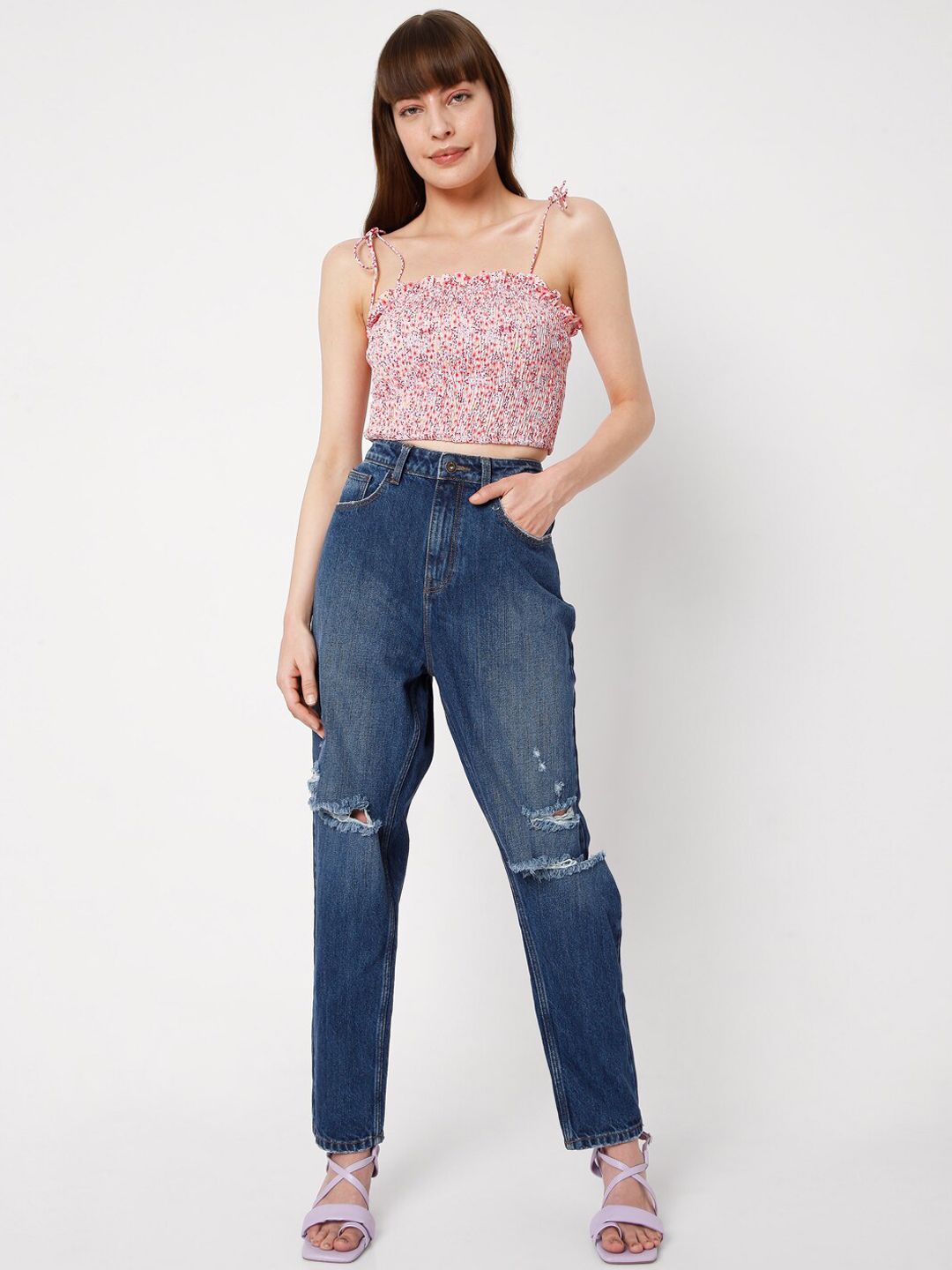 Vero Moda Women Blue Straight Fit High-Rise Highly Distressed Light Fade Jeans Price in India