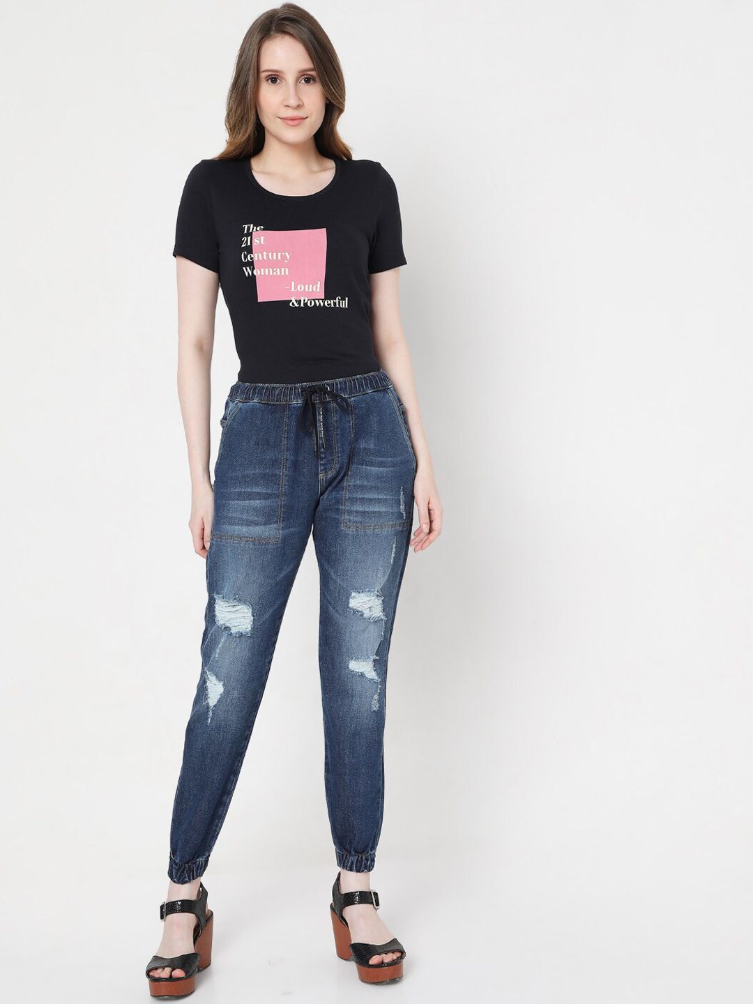 Vero Moda Women Blue Slim Fit High-Rise Mildly Distressed Light Fade Cotton Jeans Price in India