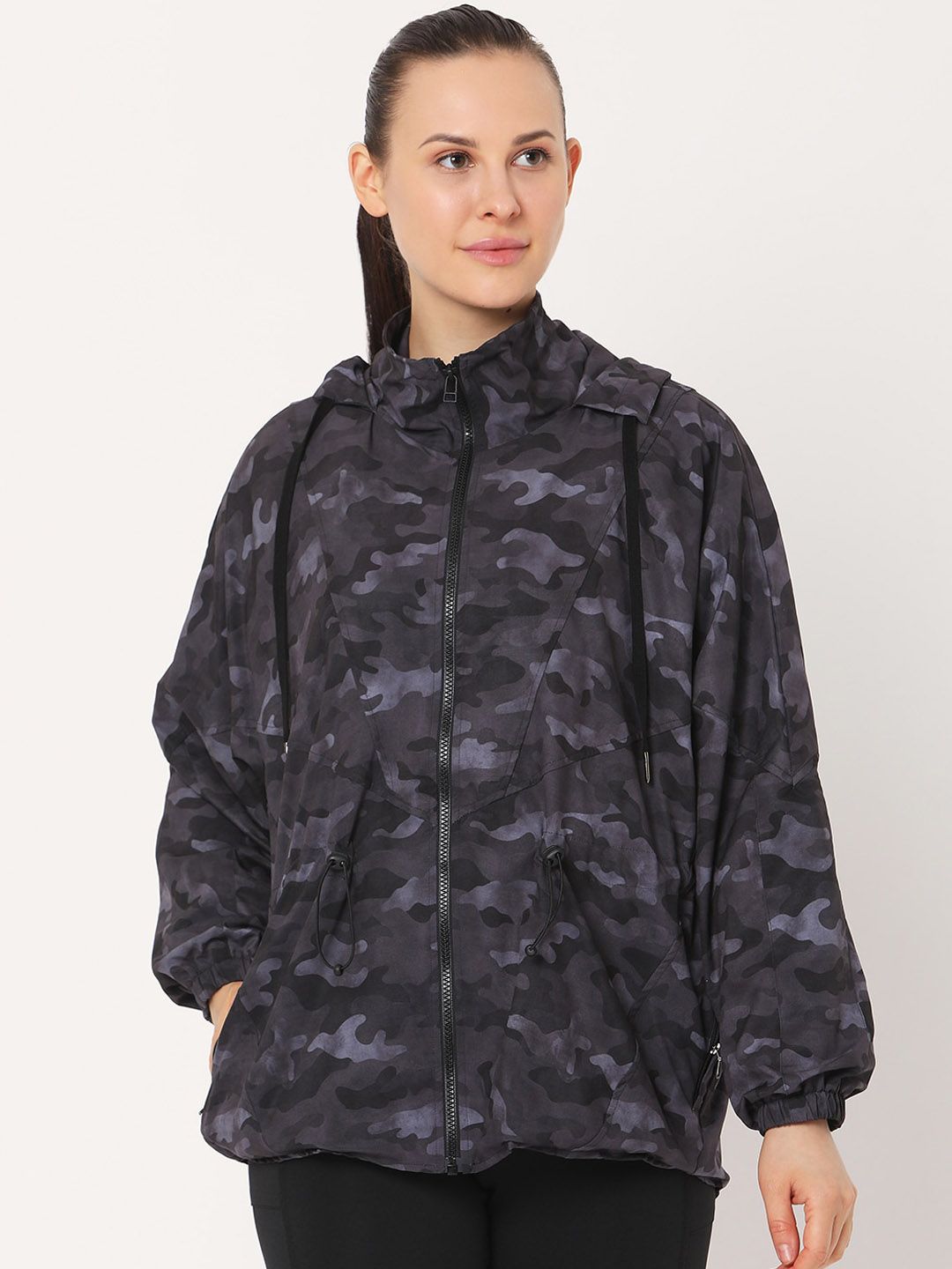 Silvertraq Women Black Camouflage Printed Longline Sporty Jacket Price in India