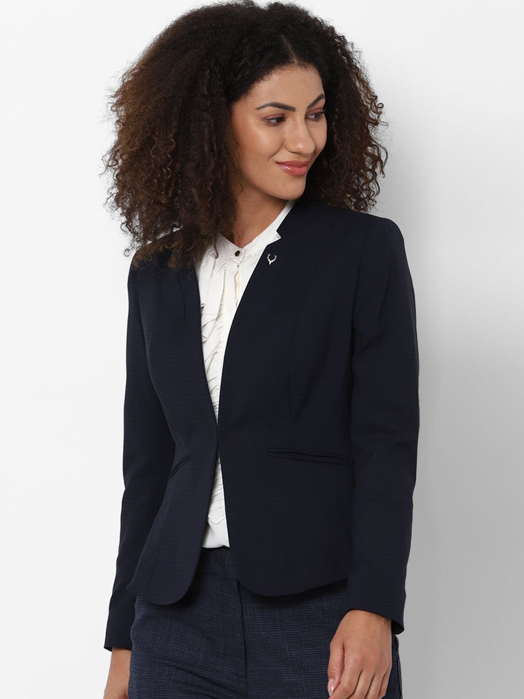 Allen Solly Woman Navy Blue Solid Single-Breasted Blazer Price in India