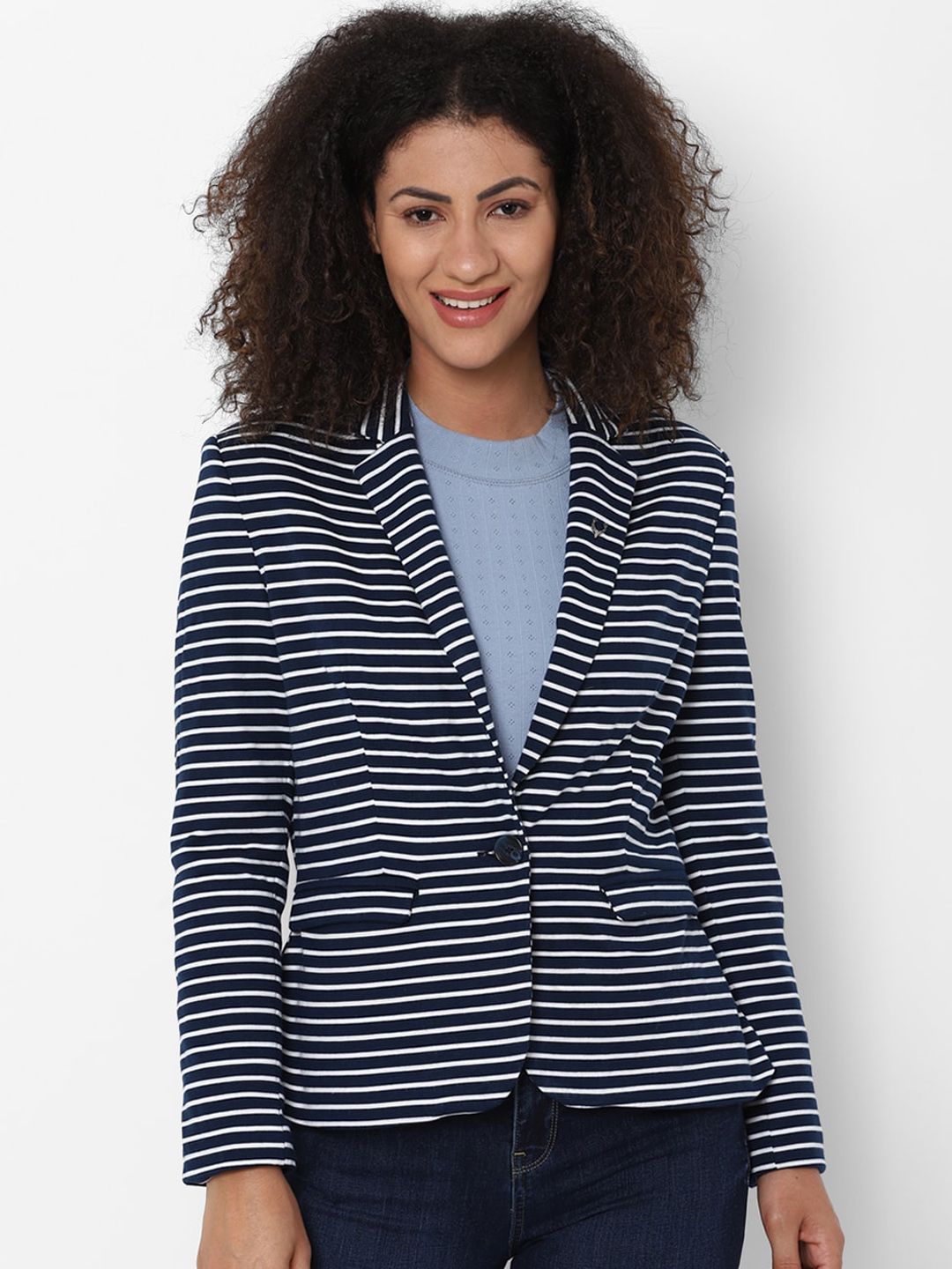 Allen Solly Woman Navy Blue & White Stripped Blazers Price in India