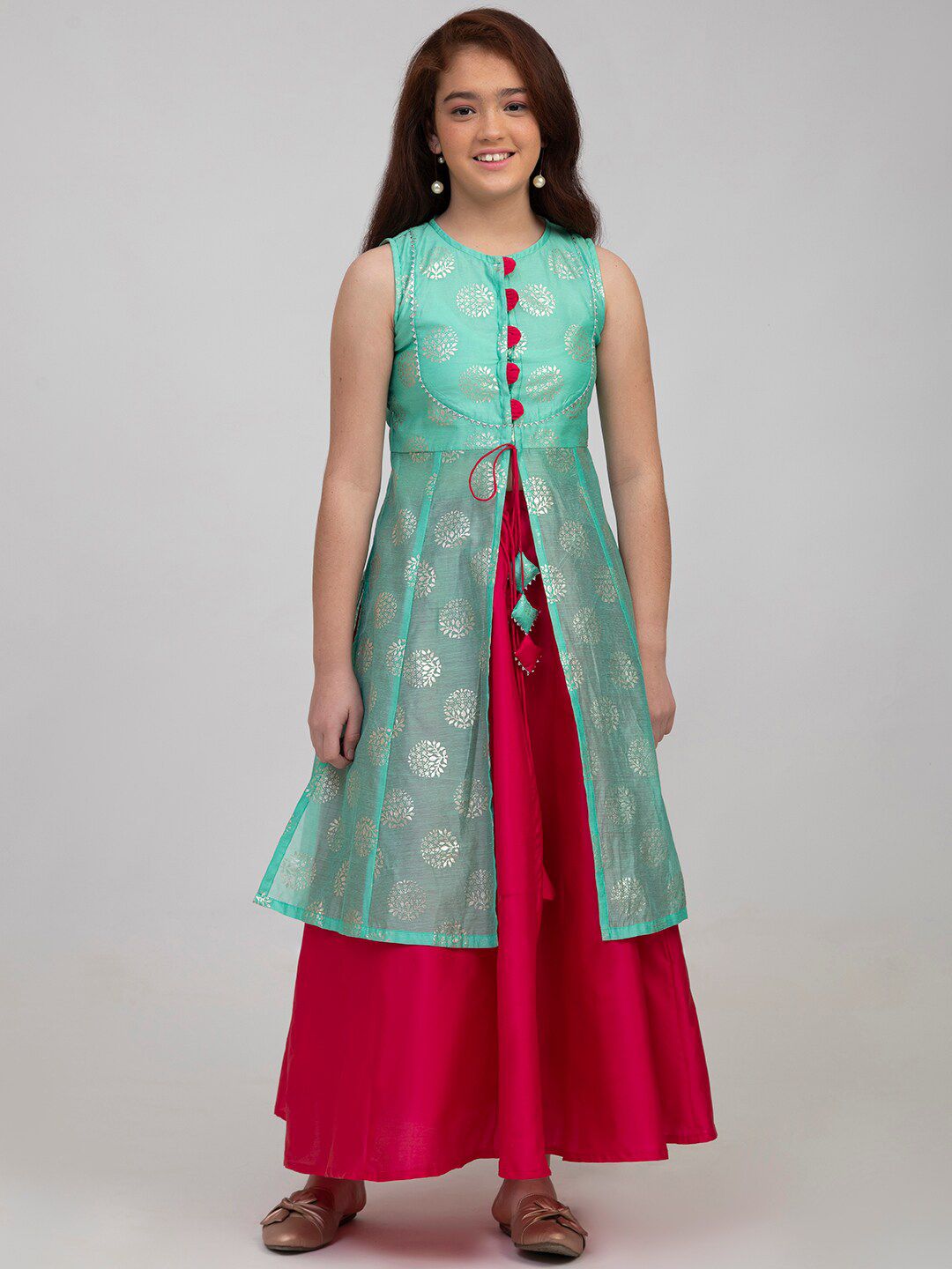 Bitiya by Bhama Girls Sea Green & Pink Printed Foil Print Ready to Wear Lehenga Choli Price in India