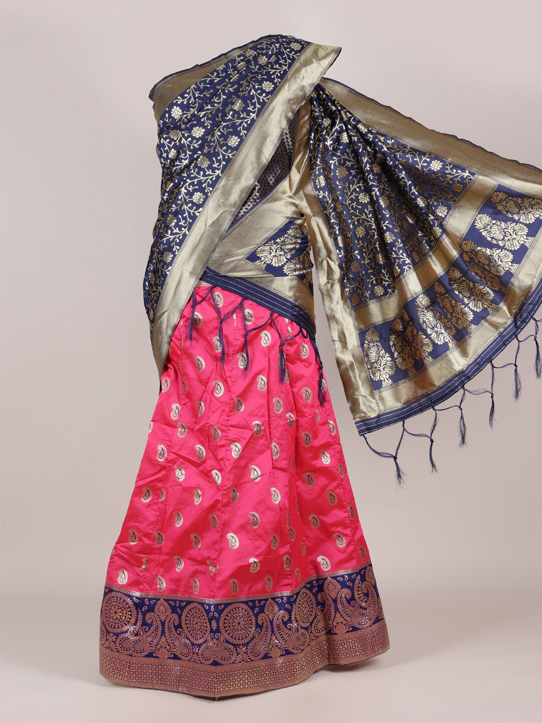 Pothys Navy Blue & Pink Unstitched Lehenga & Blouse With Dupatta Price in India