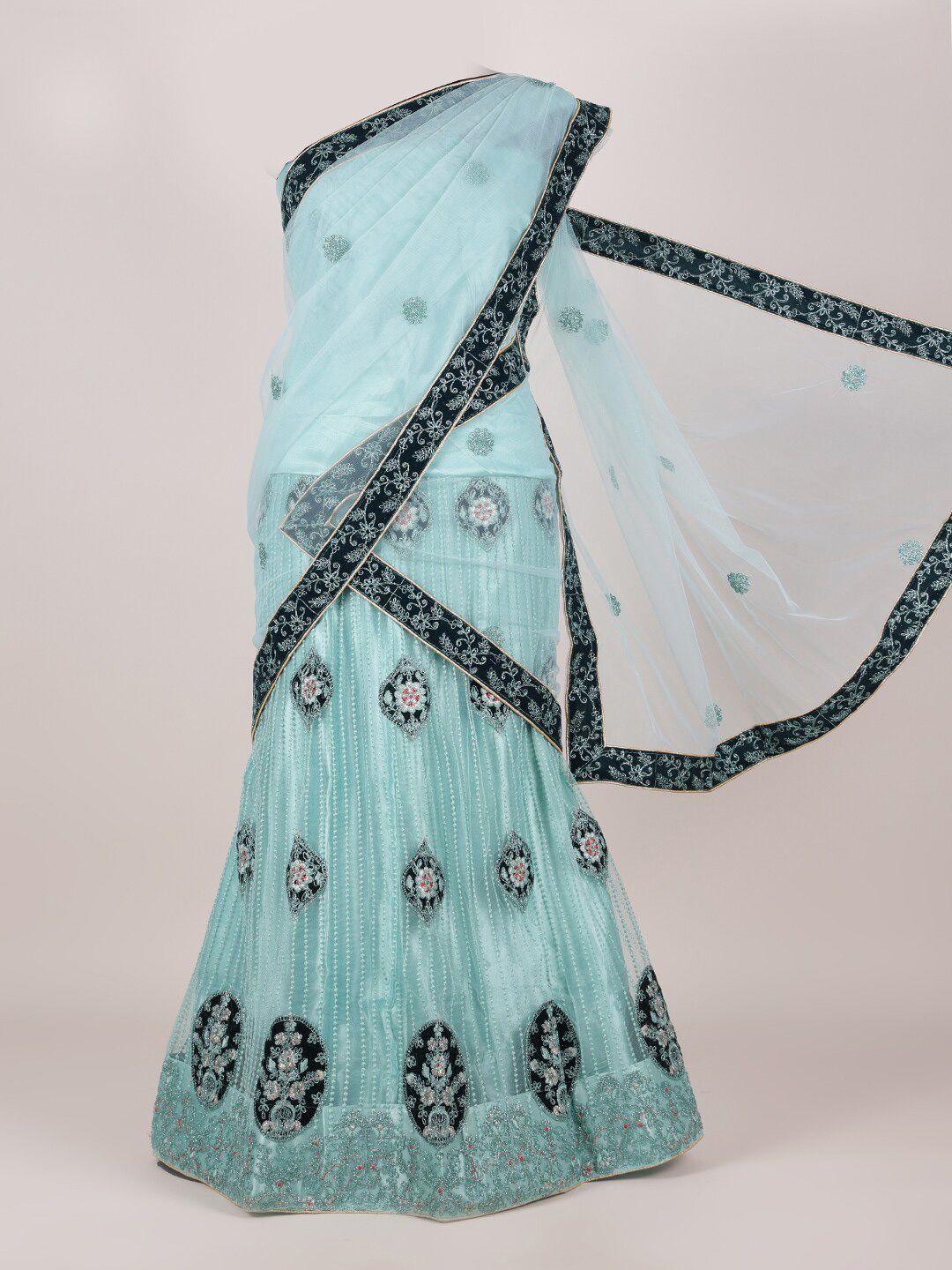 Pothys Sea Green & Silver Embroidered Unstitched Lehenga & Blouse With Dupatta Price in India