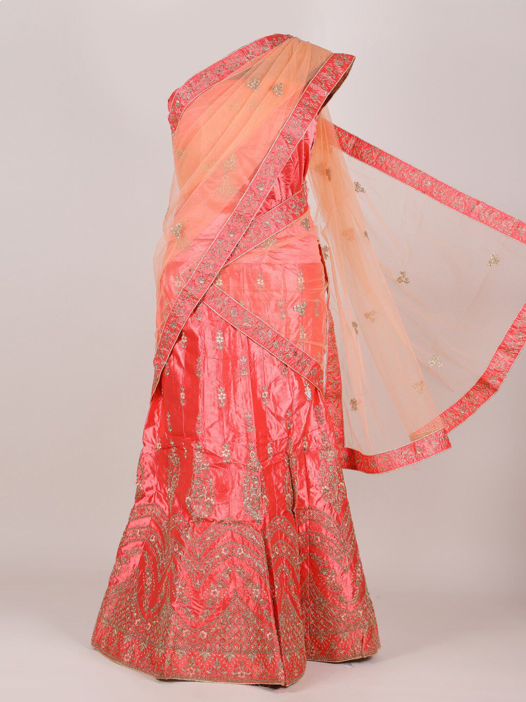 Pothys Peach-Coloured Embellished Semi-stitched Lehenga & Unstitched Blouse With Dupatta Price in India