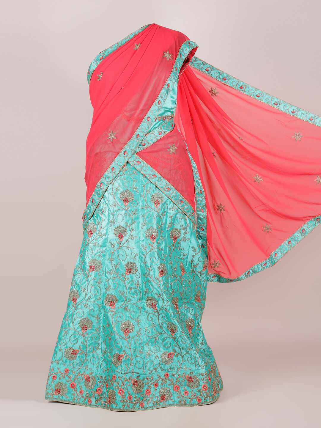 Pothys Pink & Green Embroidered Unstitched Lehenga & Blouse With Dupatta Price in India