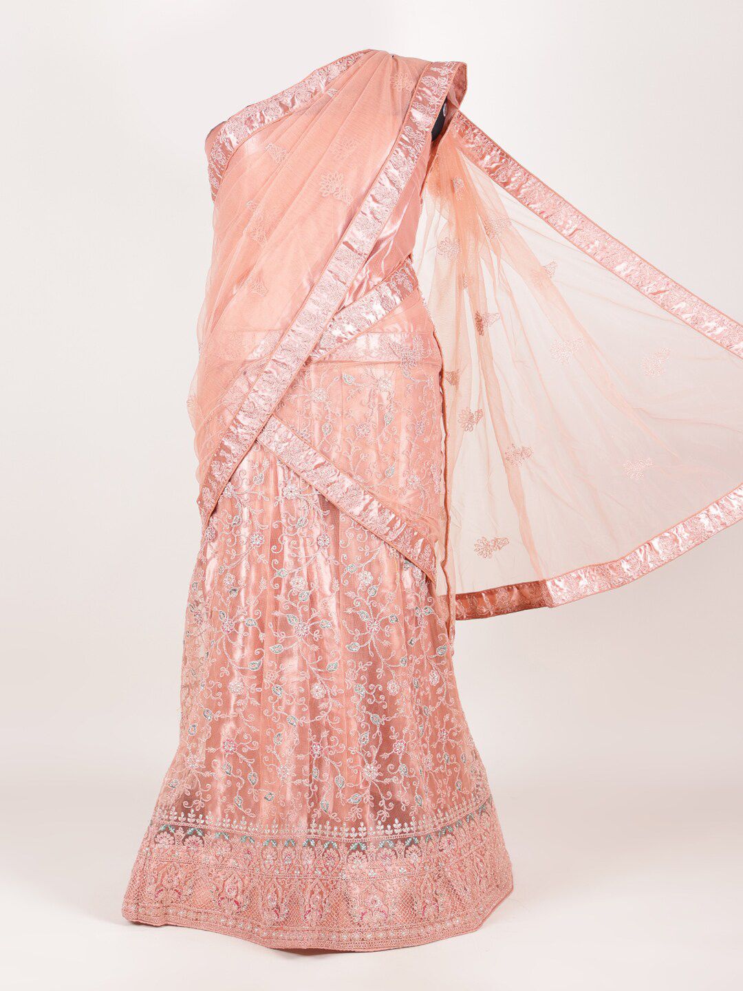 Pothys Peach-Coloured Embroidered Semi-Stitched Half Saree Price in India